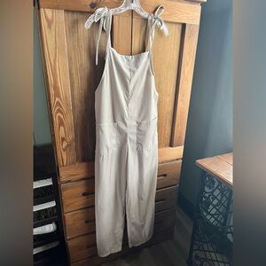 Neutral Ribbed Tie Strap Overalls Jumpsuit Wide Leg